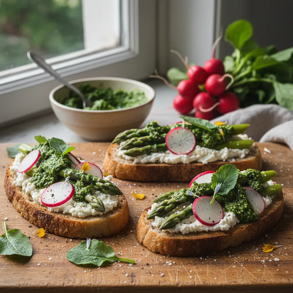 Wiosenne Grzanki z Ricottą, Szparagami i Pesto z Liści Rzodkiewki - photo 1