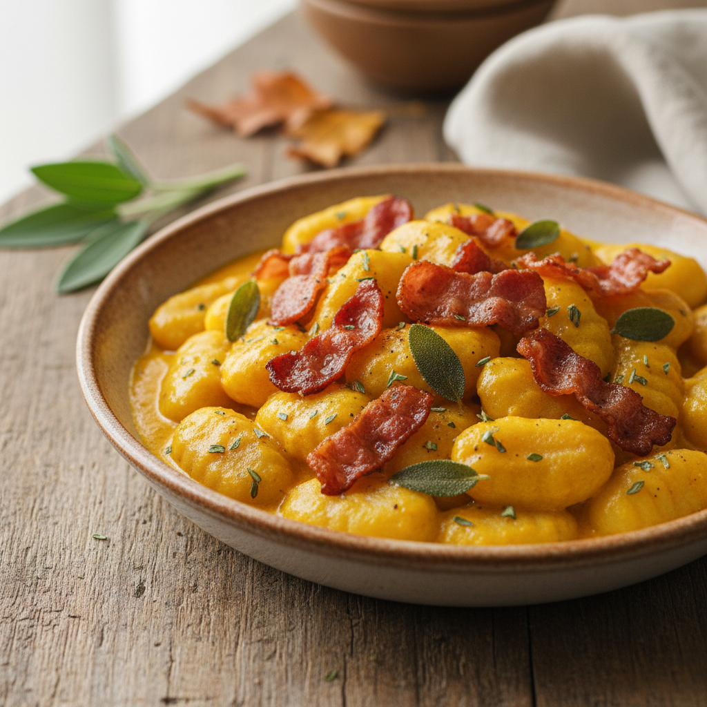 Kremowe gnocchi w sosie dyniowo-szałwiowym z chrupiącym boczkiem - zdjęcie 1