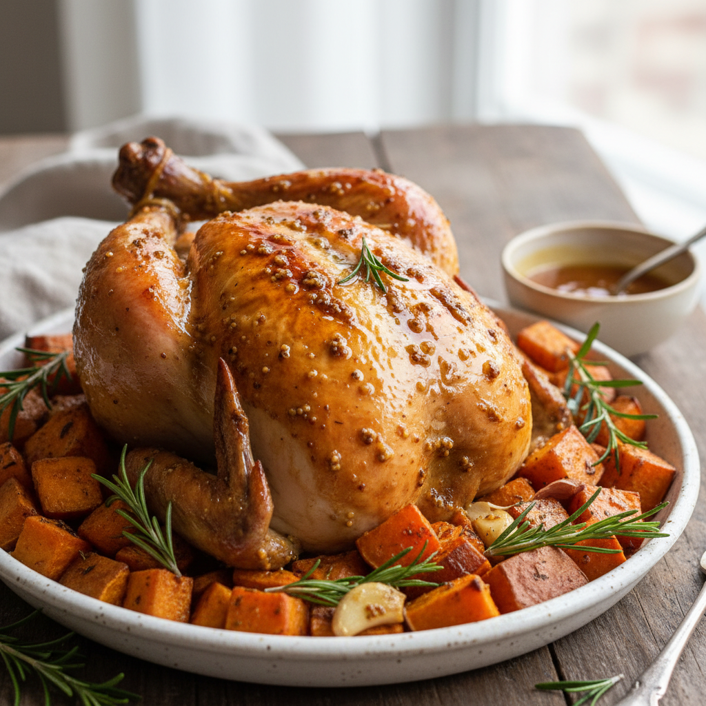 Kurczak pieczony z batatami i rozmarynem w glazurze miodowo-musztardowej - zdjęcie 1