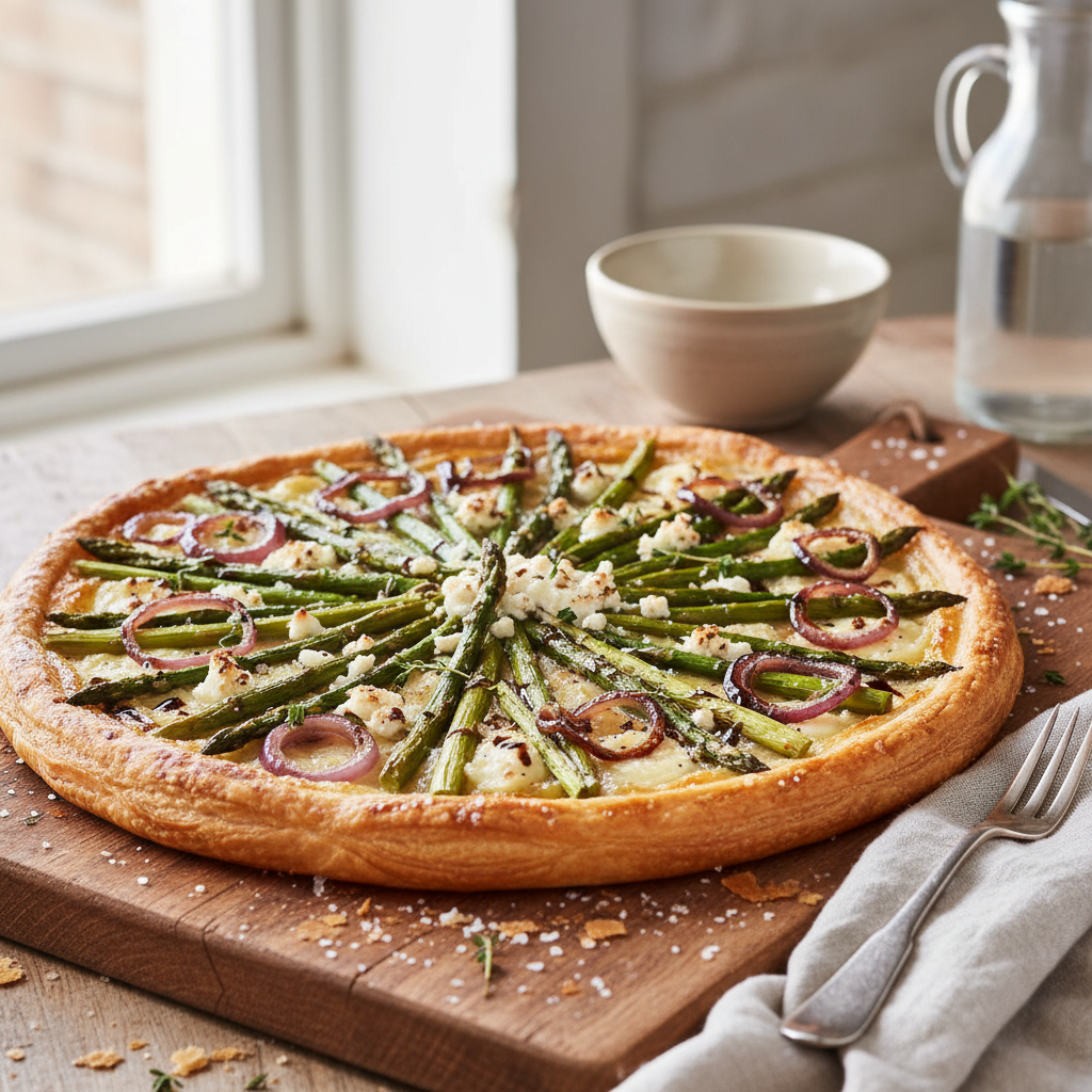 Tarta z zielonymi szparagami, kozim serem i karmelizowaną czerwoną cebulą - zdjęcie 1