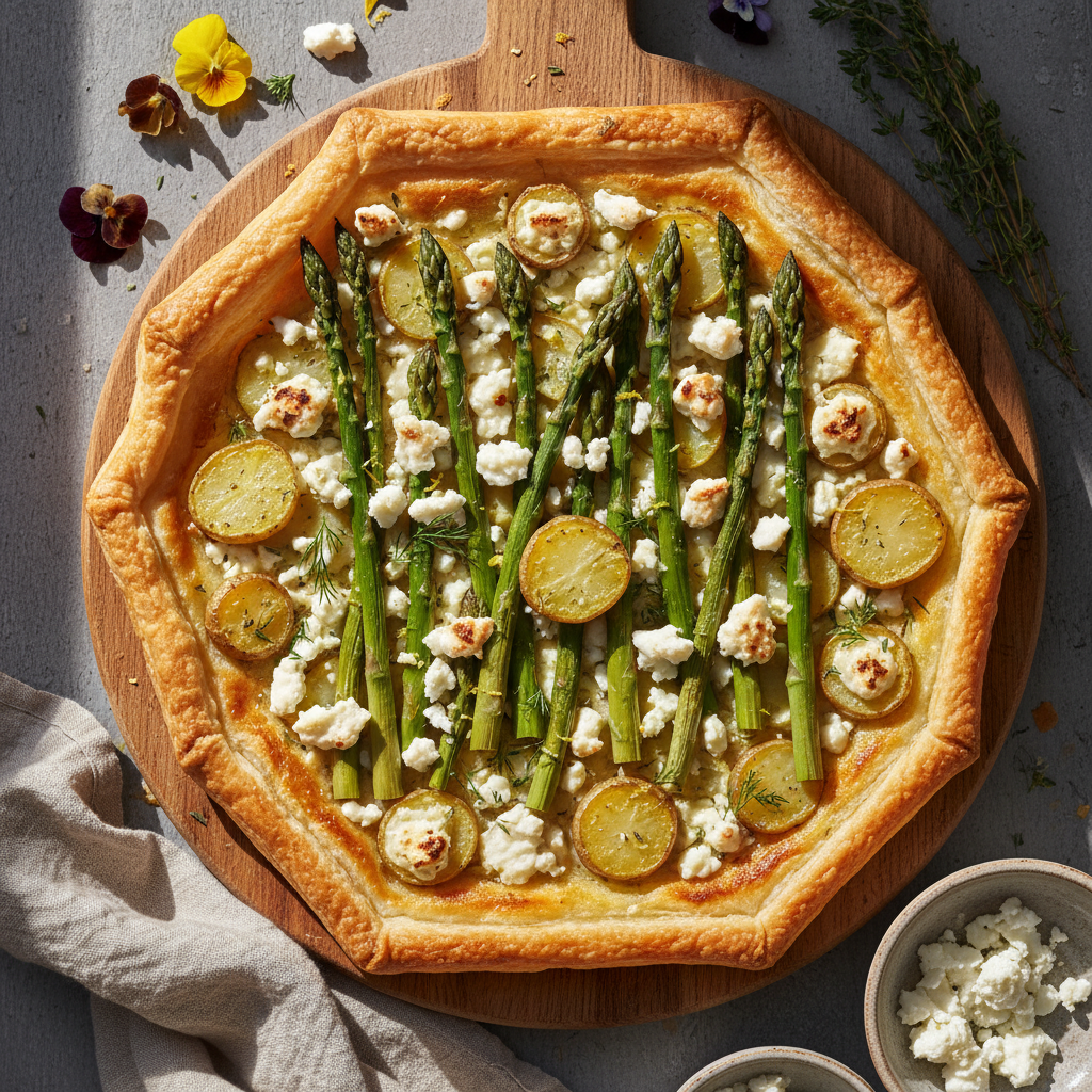 Wiosenna Tarta z Szparagami, Kozim Serem i Młodymi Ziemniakami na Kruchym Spodzie - photo 1