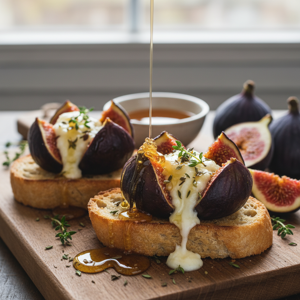 Pieczone Figi z Kozim Serem, Miodem i Tymiankiem na Grzance - photo 1