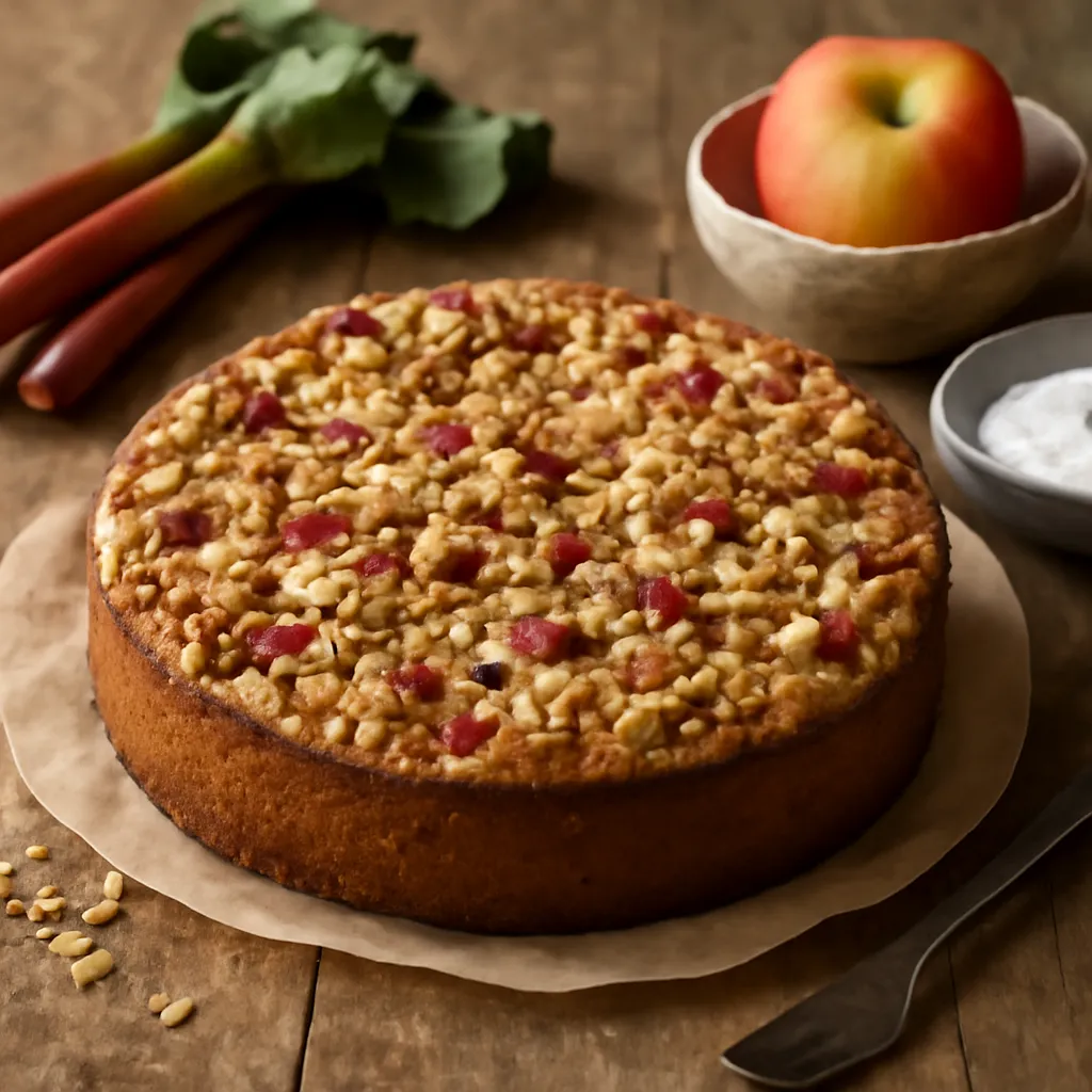 Rustic yogurt cake with rhubarb, apples, and oat crumble - photo 1
