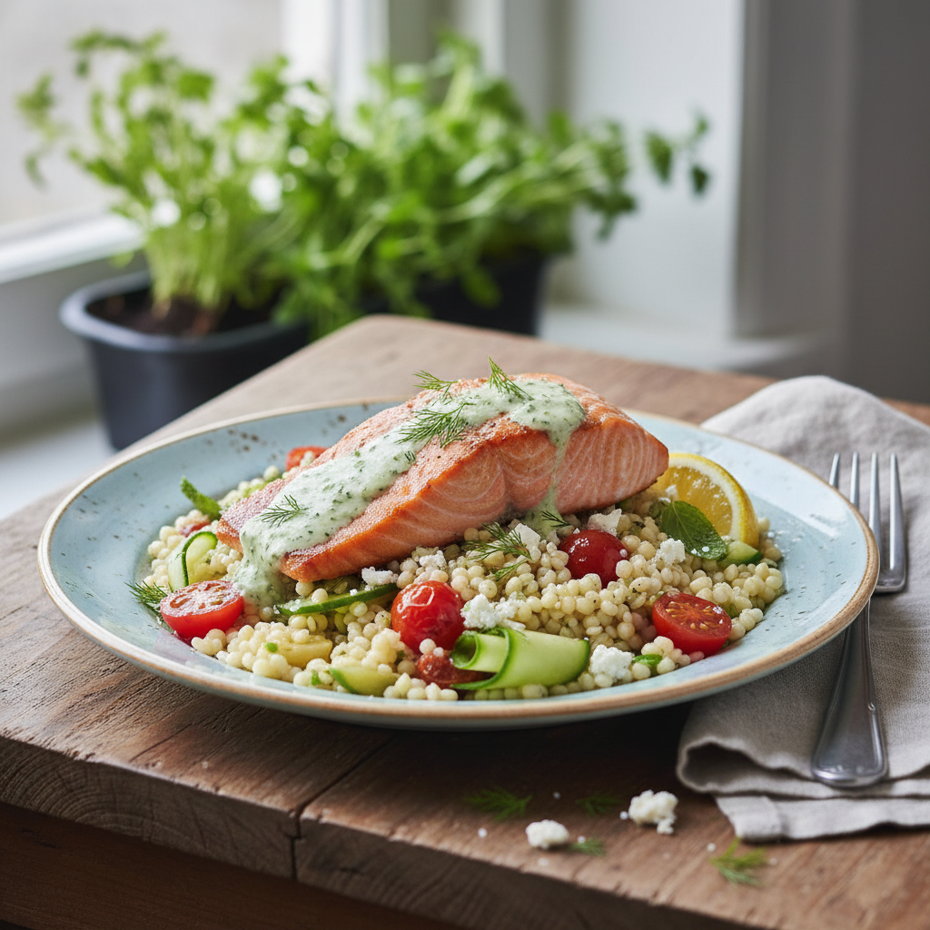 Quick Salad with Pearl Couscous, Salmon, and Dill Sauce - photo 1