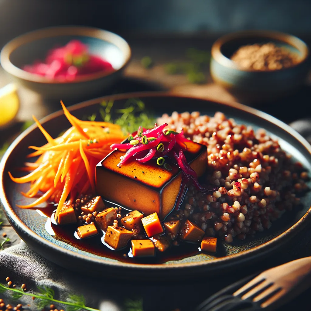 Tofu in plum-ginger glaze with buckwheat and quick pickled carrots - photo 1