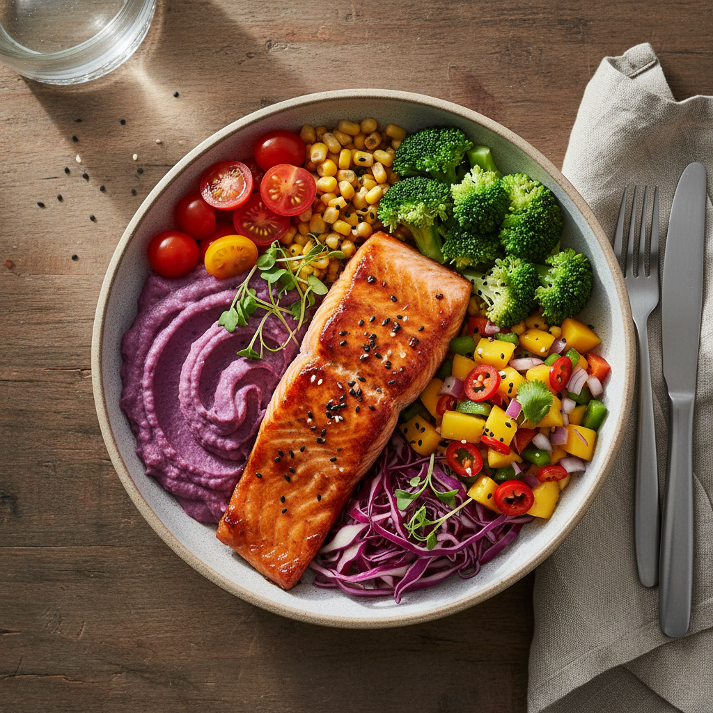 Rainbow Power Plate: Baked Salmon with Purple Potato Purée and Mango Salsa - photo 1