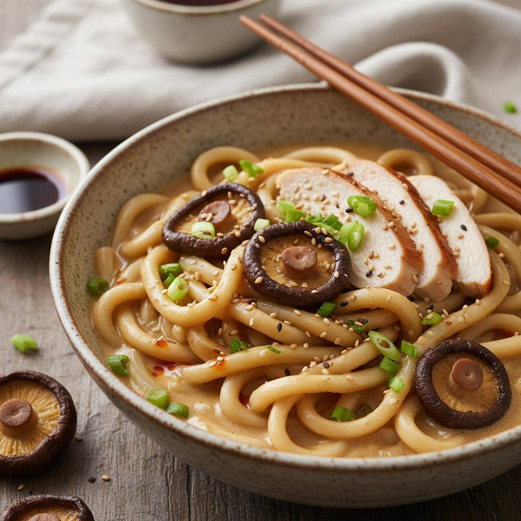 Domowy Makaron Udon w Kremowym Sosie Miso z Kurczakiem i Grzybami Shitake - zdjęcie 1