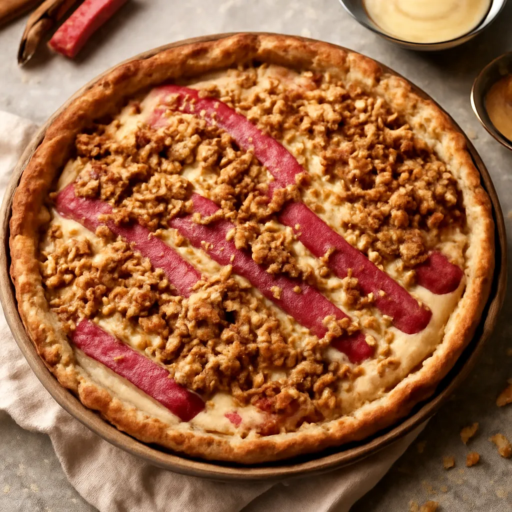 Rustic rhubarb pie with vanilla custard cream and oat crumble - photo 1
