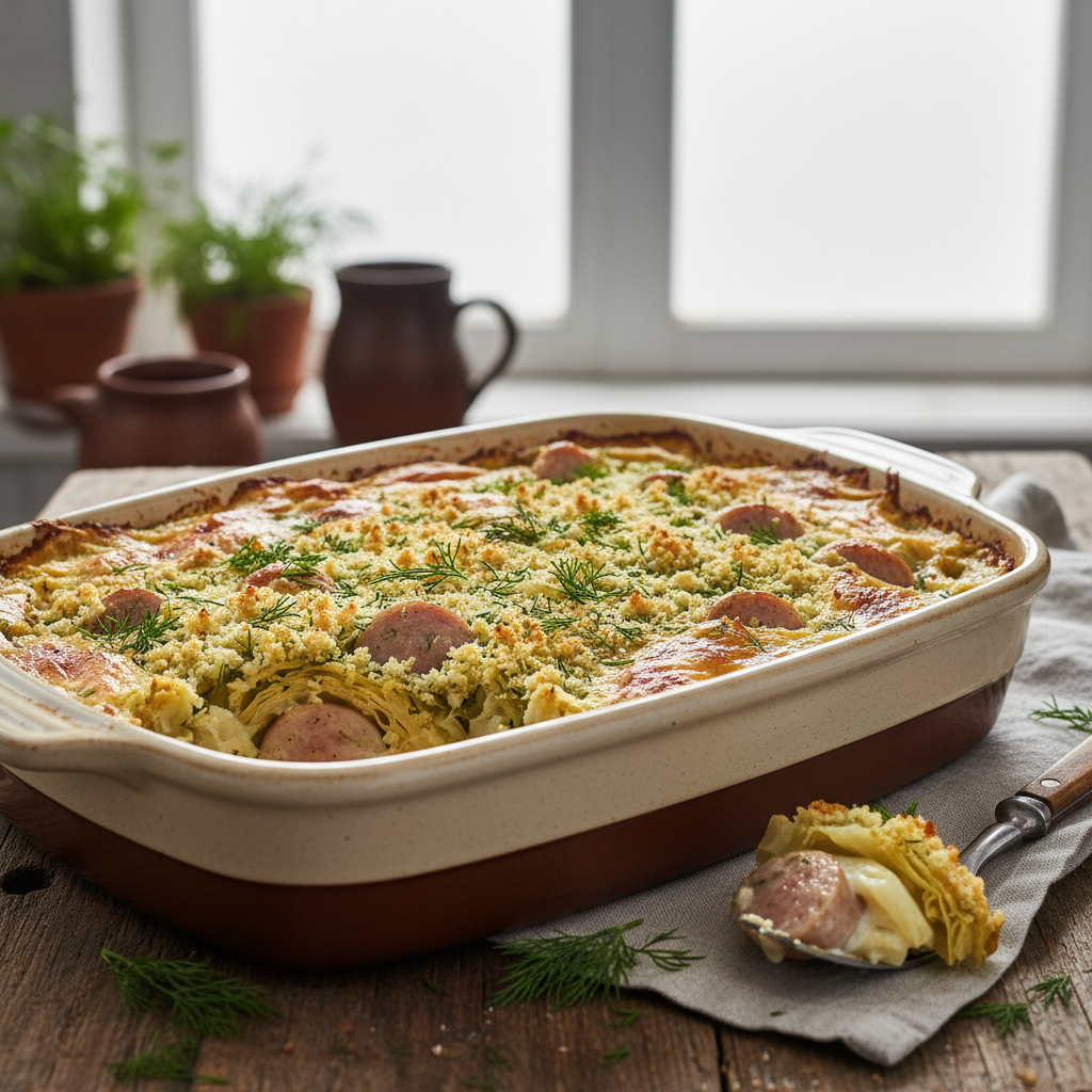 Creamy Young Cabbage Casserole with White Sausage under Dill Crumble - photo 1