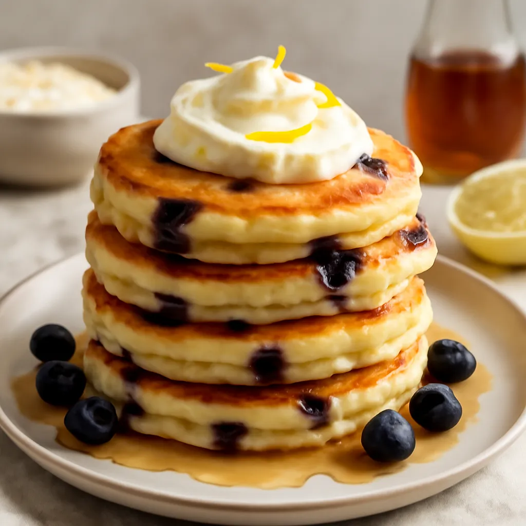 Fluffy blueberry-lemon pancakes with mascarpone cream and vanilla syrup - photo 1