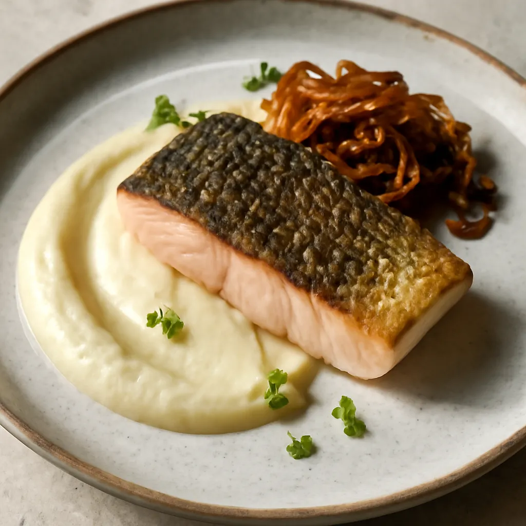 Carp in a modern version: sous-vide with crispy skin, celery puree, and caramelized onion - photo 1