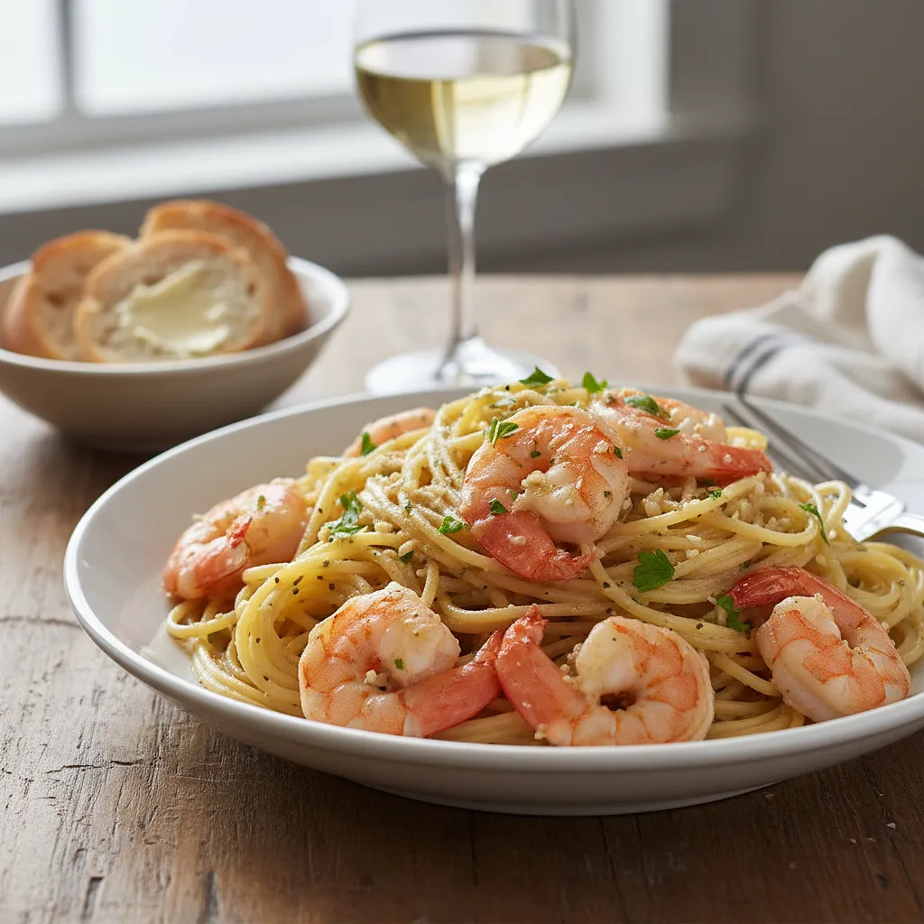 Makaron z krewetkami i czosnkiem w białym winie - zdjęcie 1