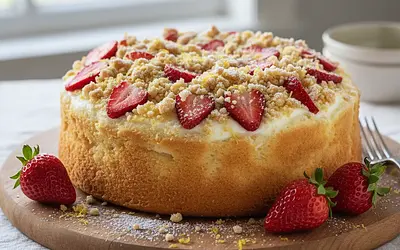 Fluffy Yogurt Cake with Strawberries and Refreshing Lemon Crumble
