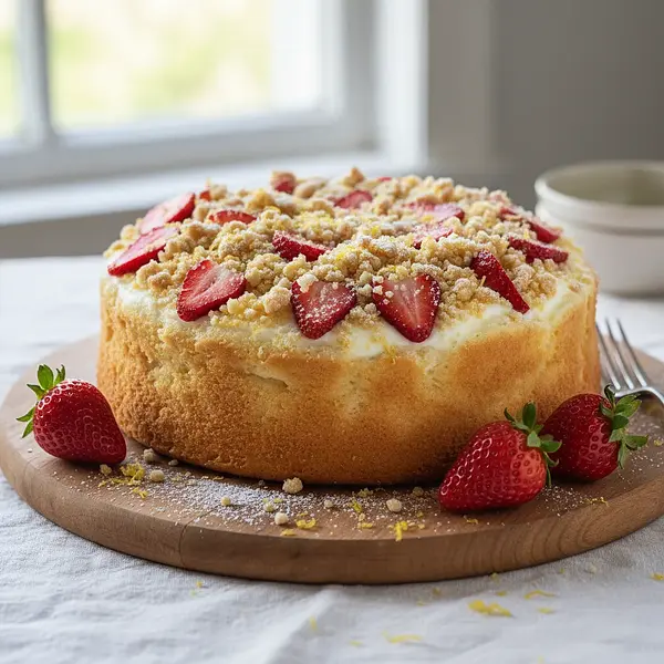 Fluffy Yogurt Cake with Strawberries and Refreshing Lemon Crumble
