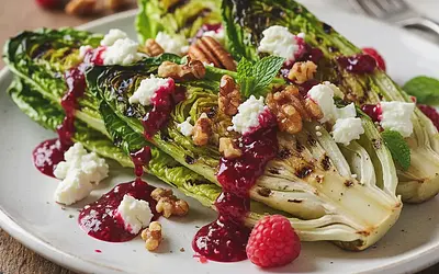 Grilled Romaine Lettuce Hearts with Goat Cheese, Caramelized Nuts, and Raspberry Vinaigrette