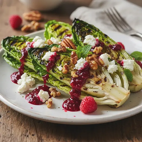 Grilled Romaine Lettuce Hearts with Goat Cheese, Caramelized Nuts, and Raspberry Vinaigrette