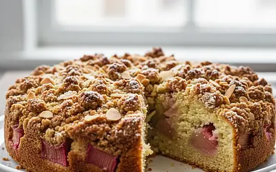 Fluffy buttermilk cake with rhubarb and almond crumble