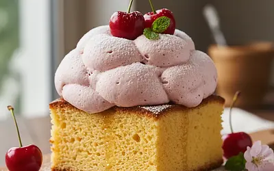 Fluffy Cherry Cloud on Buttery Sponge Cake