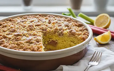 Fluffy Lemon-Rhubarb Cake with Buttery Crumble