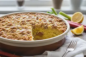 Puszyste Ciasto Cytrynowo-Rabarbarowe z Maślaną Kruszonką