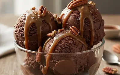 Creamy Chocolate Ice Cream with Salted Caramel and Pecans
