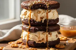 Ice Cream Brownie Sandwiches with Salted Caramel and Pretzels