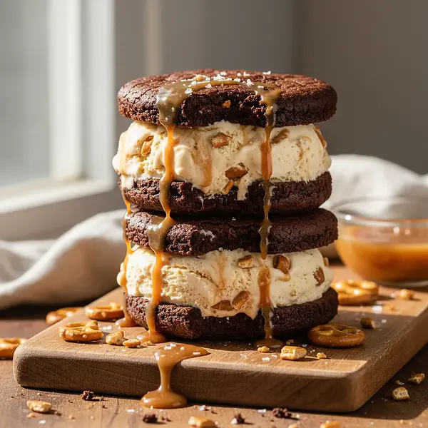 Ice Cream Brownie Sandwiches with Salted Caramel and Pretzels