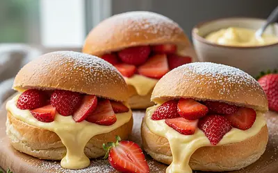 Fluffy Yeast Rolls with Custard Cream and Fresh Strawberries