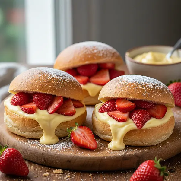 Fluffy Yeast Rolls with Custard Cream and Fresh Strawberries