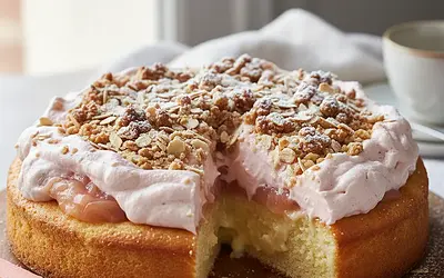 Fluffy Pudding Cake with Rhubarb Cloud and Crumble