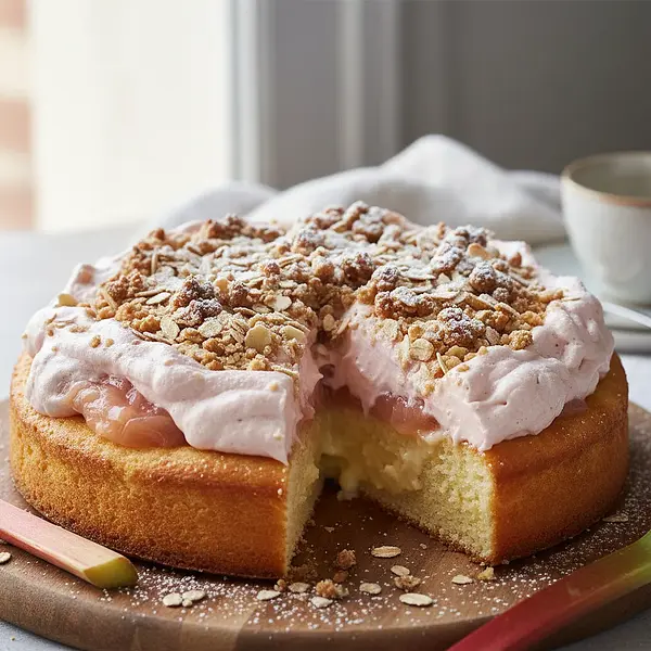 Fluffy Pudding Cake with Rhubarb Cloud and Crumble