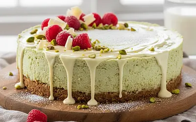 Creamy Pistachio Cheesecake with White Chocolate and Raspberries (No Bake)