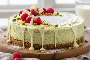 Creamy Pistachio Cheesecake with White Chocolate and Raspberries (No Bake)