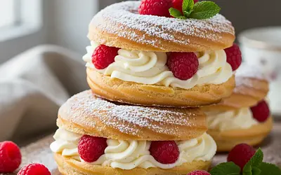 Fluffy Choux Pastry Donuts with Vanilla Cream and Raspberries