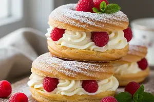 Fluffy Choux Pastry Donuts with Vanilla Cream and Raspberries