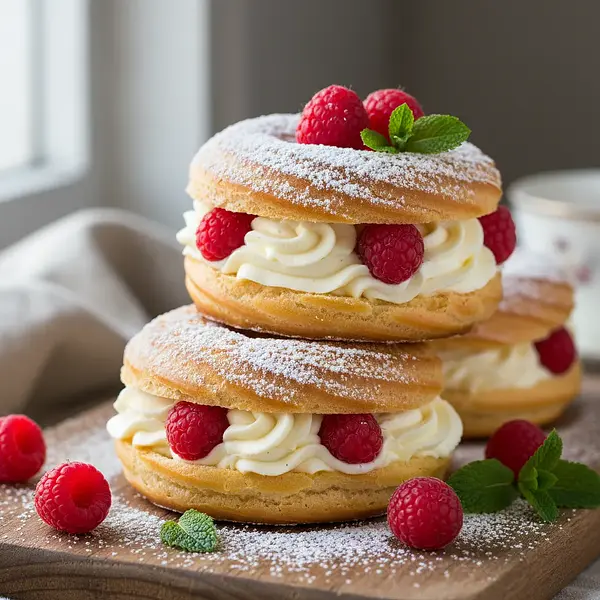 Fluffy Choux Pastry Donuts with Vanilla Cream and Raspberries