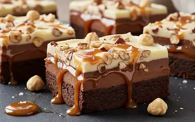 Decadent 'Triple Chocolate' Bars with Salted Caramel and Roasted Hazelnuts