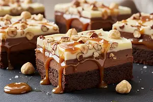 Decadent 'Triple Chocolate' Bars with Salted Caramel and Roasted Hazelnuts