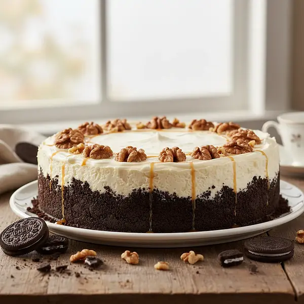 Velvety No-Bake Nut Cheesecake on an Oreo Crust