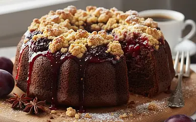 Chocolate-Spiced Cake with Plum Jam and Crumble