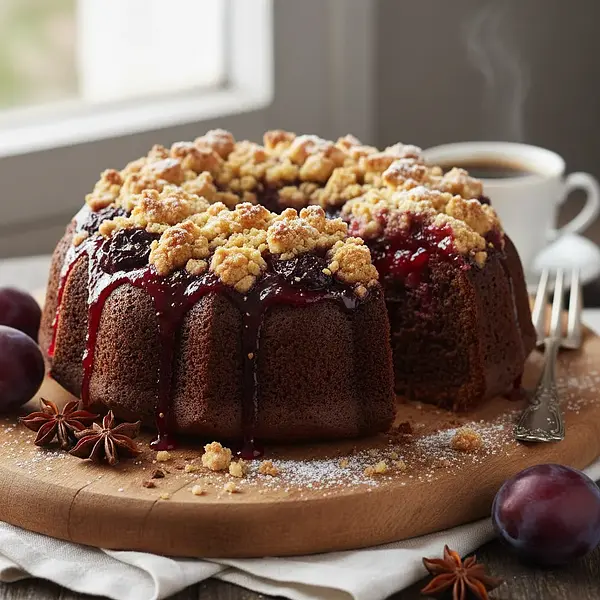 Chocolate-Spiced Cake with Plum Jam and Crumble