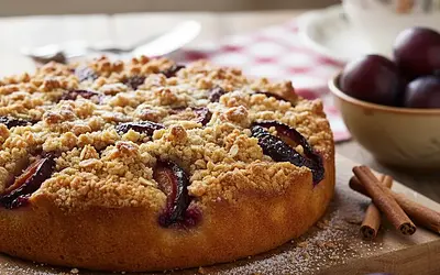 Buttery Crumb Cake with Plums and Cinnamon Crumble