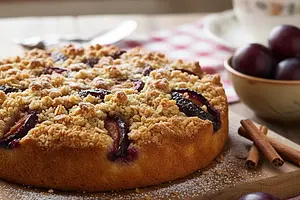 Buttery Crumb Cake with Plums and Cinnamon Crumble