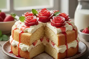 Fluffy Sponge Cake with Vanilla Cloud and Strawberry Rose