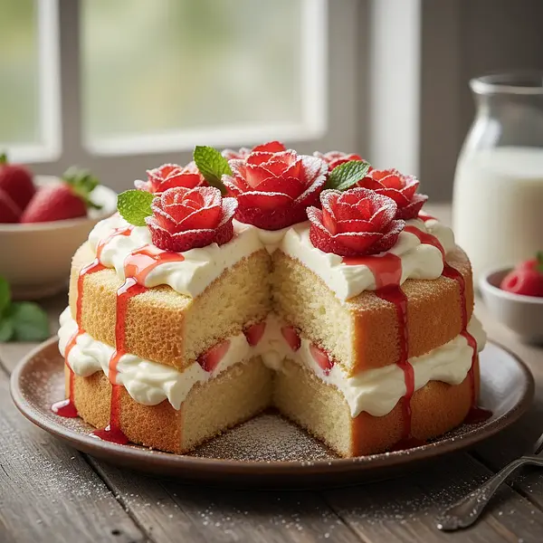 Fluffy Sponge Cake with Vanilla Cloud and Strawberry Rose