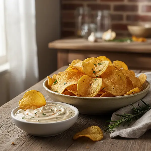 Domowe Chipsy Ziemniaczane z Kremowym Dipem Czosnkowym