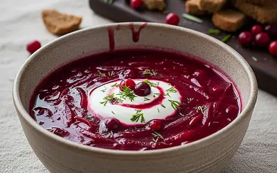 Aromatic red borscht with roasted beets and cranberries
