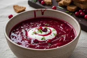 Aromatic red borscht with roasted beets and cranberries
