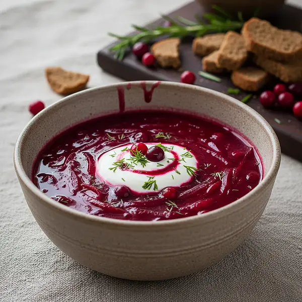 Aromatic red borscht with roasted beets and cranberries