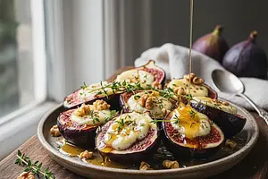 Baked Figs with Goat Cheese, Thyme Honey, and Walnuts